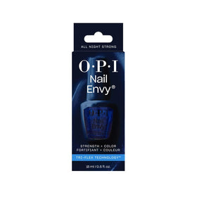 OPI Nail Envy lifestyle hand model displaying polished navy nails and confidence