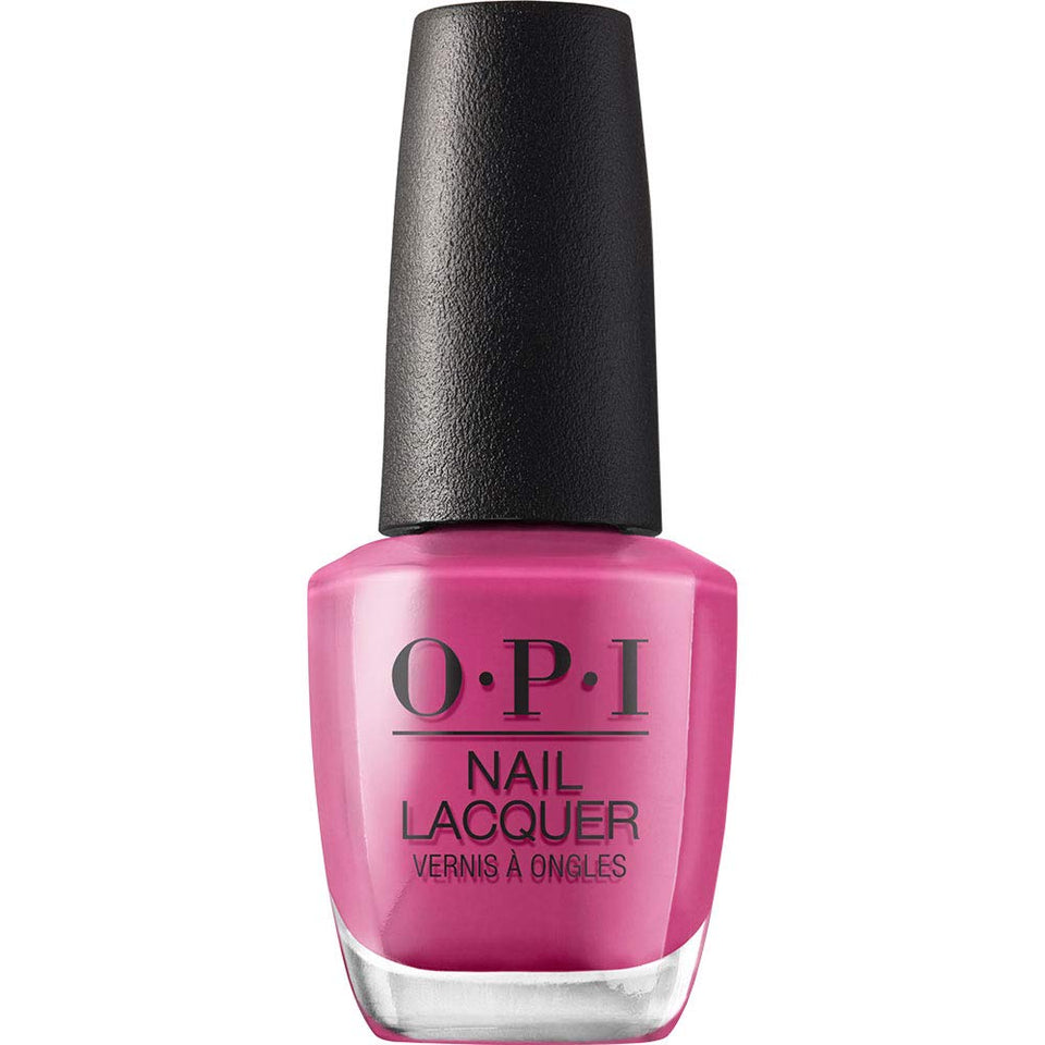 OPI bottle front view showing bright magenta shade and glossy finish benefit