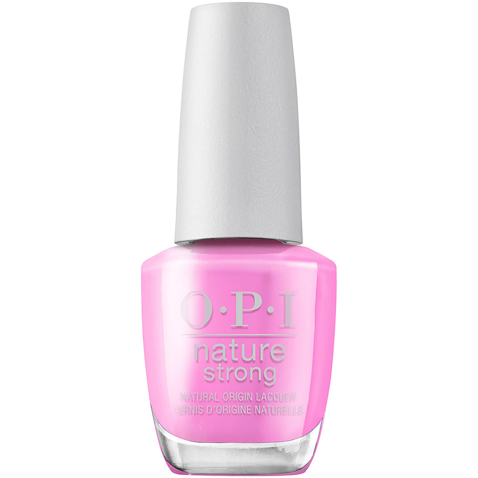 OPI Nature Strong Emflowered front bottle showing bright pink shade and label benefit