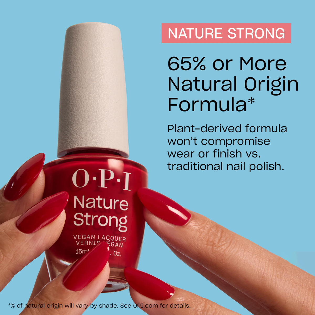 OPI Nature Strong packaging label noting 20% recycled materials and eco benefit