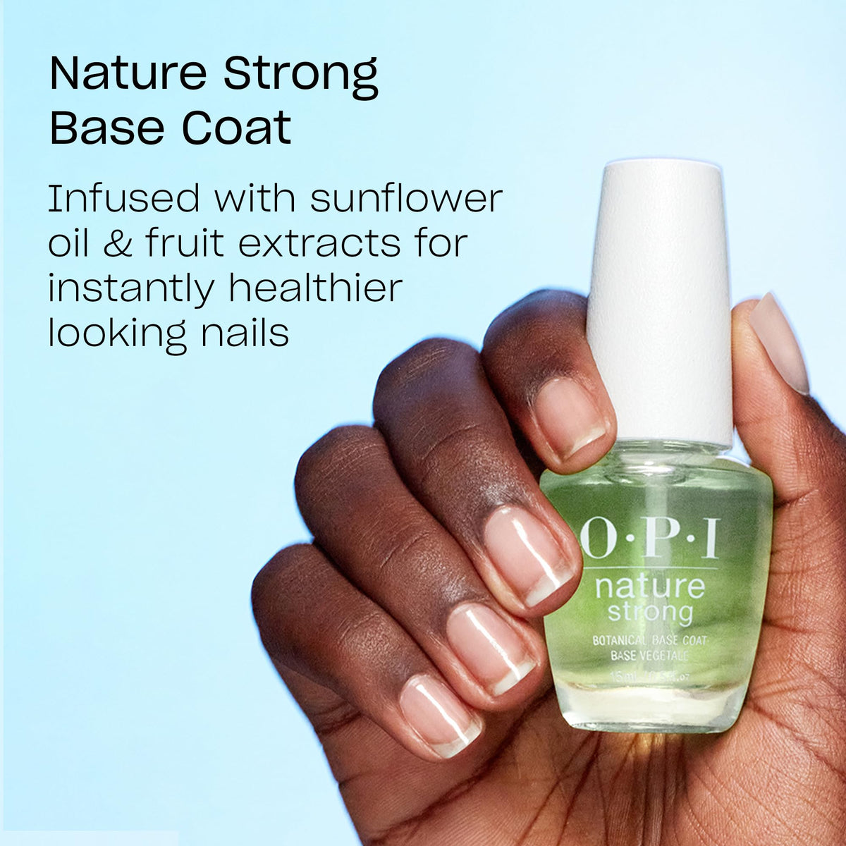 OPI Nature Strong flatlay with shade and ingredients evoking plant-based formulation benefit
