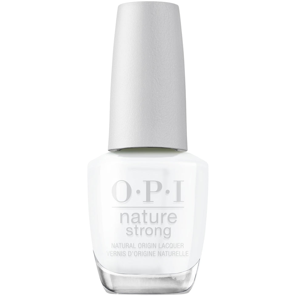 OPI Nature Strong front bottle showing bright white crème and branding benefit: clear color