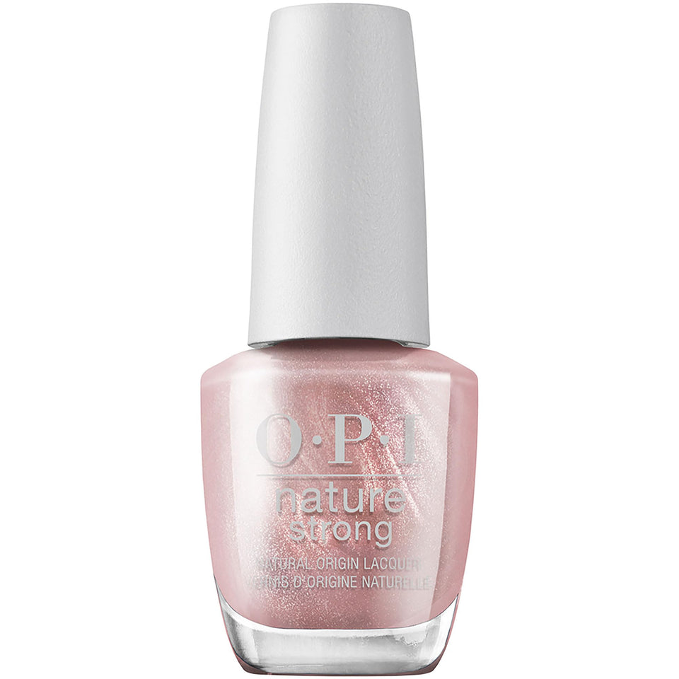 OPI bottle front view showing Intentions are Rose Gold and glossy finish benefit