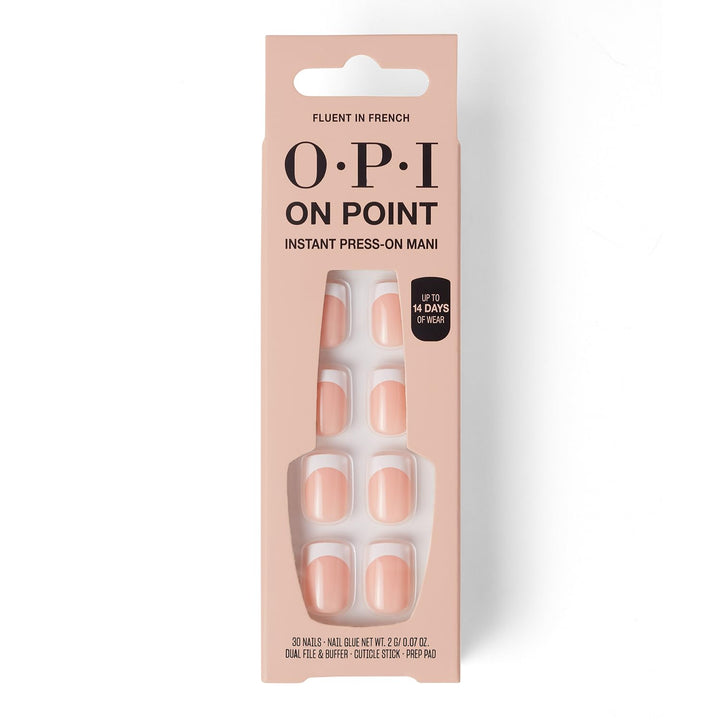 OPI front packaging showing Fluent in French set and included glue benefit instant salon look