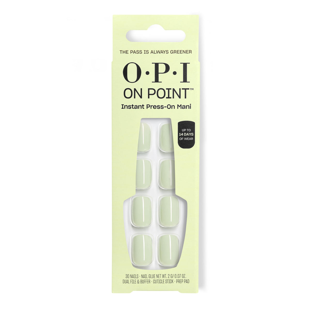 OPI front packaging showing bold green press-on tips and branding for quick application