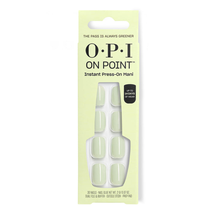 OPI front packaging showing bold green press-on tips and branding for quick application