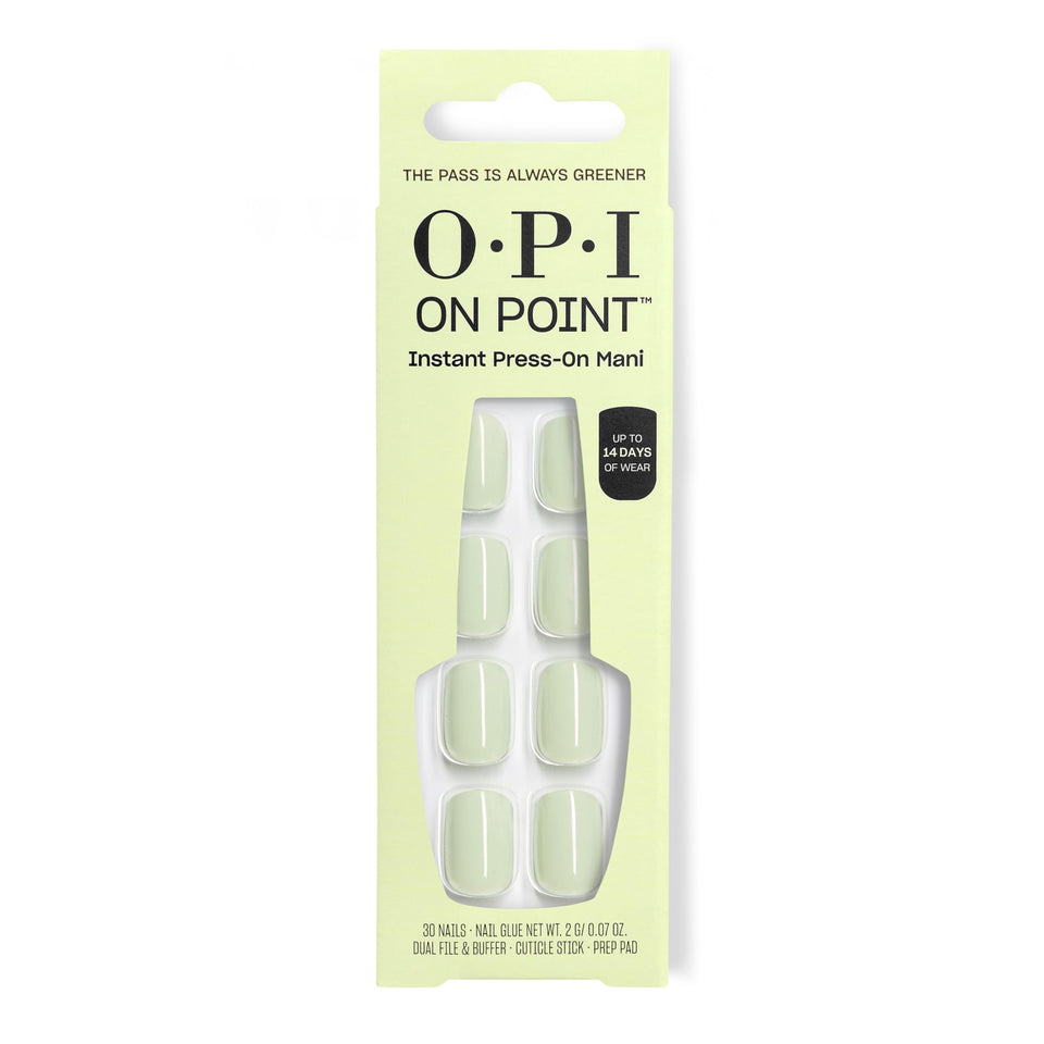 OPI front packaging showing bold green press-on tips and branding for quick application