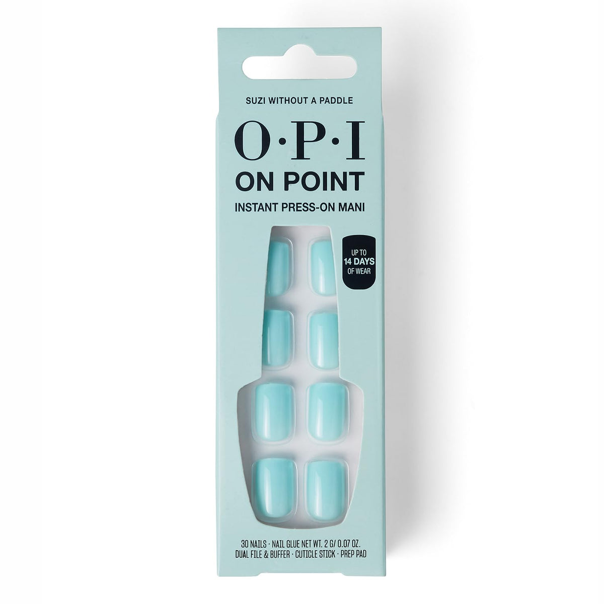 OPI front packaging displaying soft cool blue press-on nails and glue for instant manicures