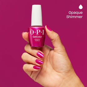 OPI Pompeii Purple finished nails in salon setting showing professional shine