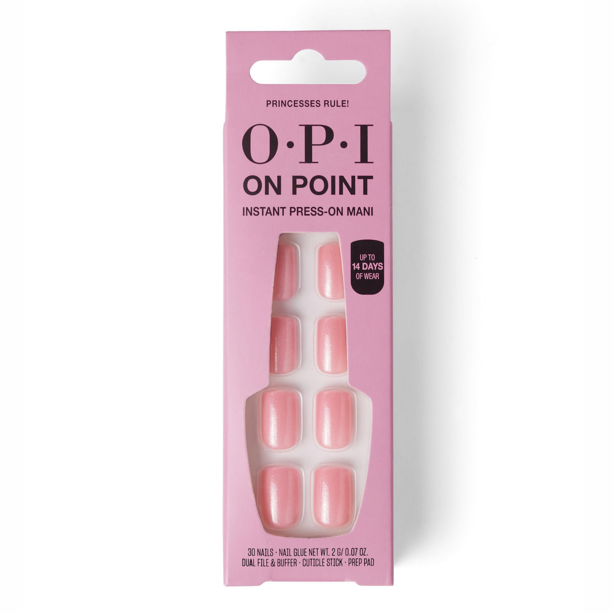 OPI Princesses Rule front packaging showing full press-on set and glue for quick salon look