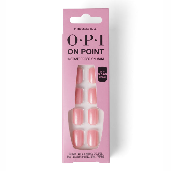 OPI Princesses Rule front packaging showing full press-on set and glue for quick salon look