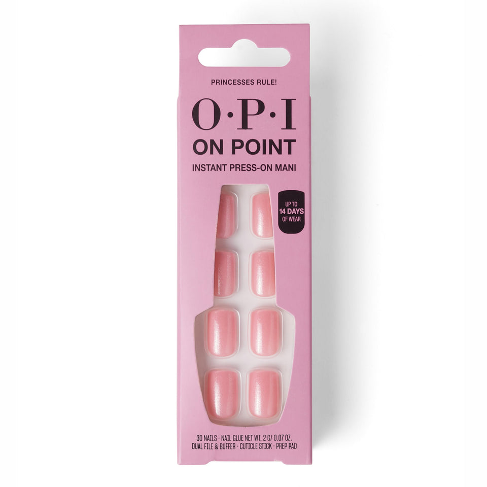 OPI Princesses Rule front packaging showing full press-on set and glue for quick salon look