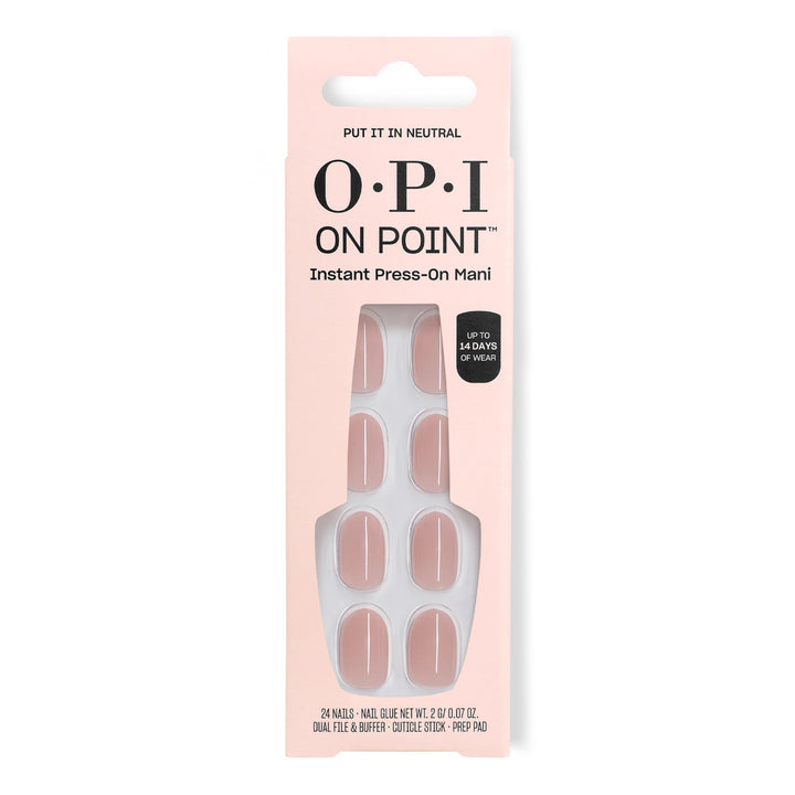 OPI Put It In Neutral front packaging showing shade and 24 tips for instant polish