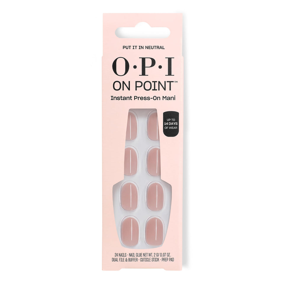 OPI Put It In Neutral front packaging showing shade and 24 tips for instant polish