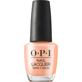 OPI Queens Rule front bottle shot showing peach-coral shimmer and brand clarity