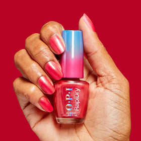 Two-coat manicure with OPI RapiDry Fuego on nails showing durable glossy shine