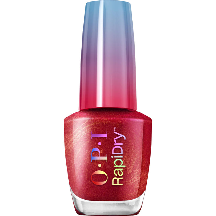 OPI bottle front view showing warm red shimmer and quick-dry benefit