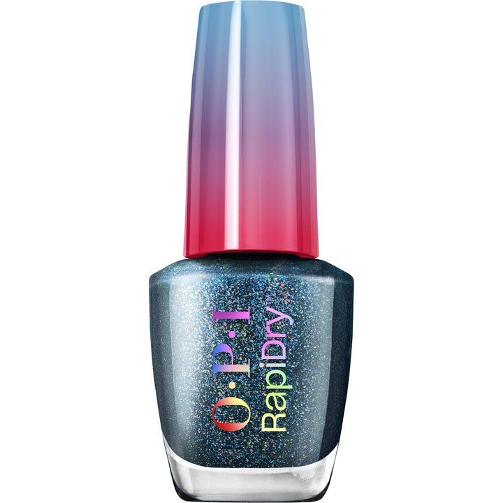 OPI bottle front view showing dark blue shimmer finish and fast-dry benefit