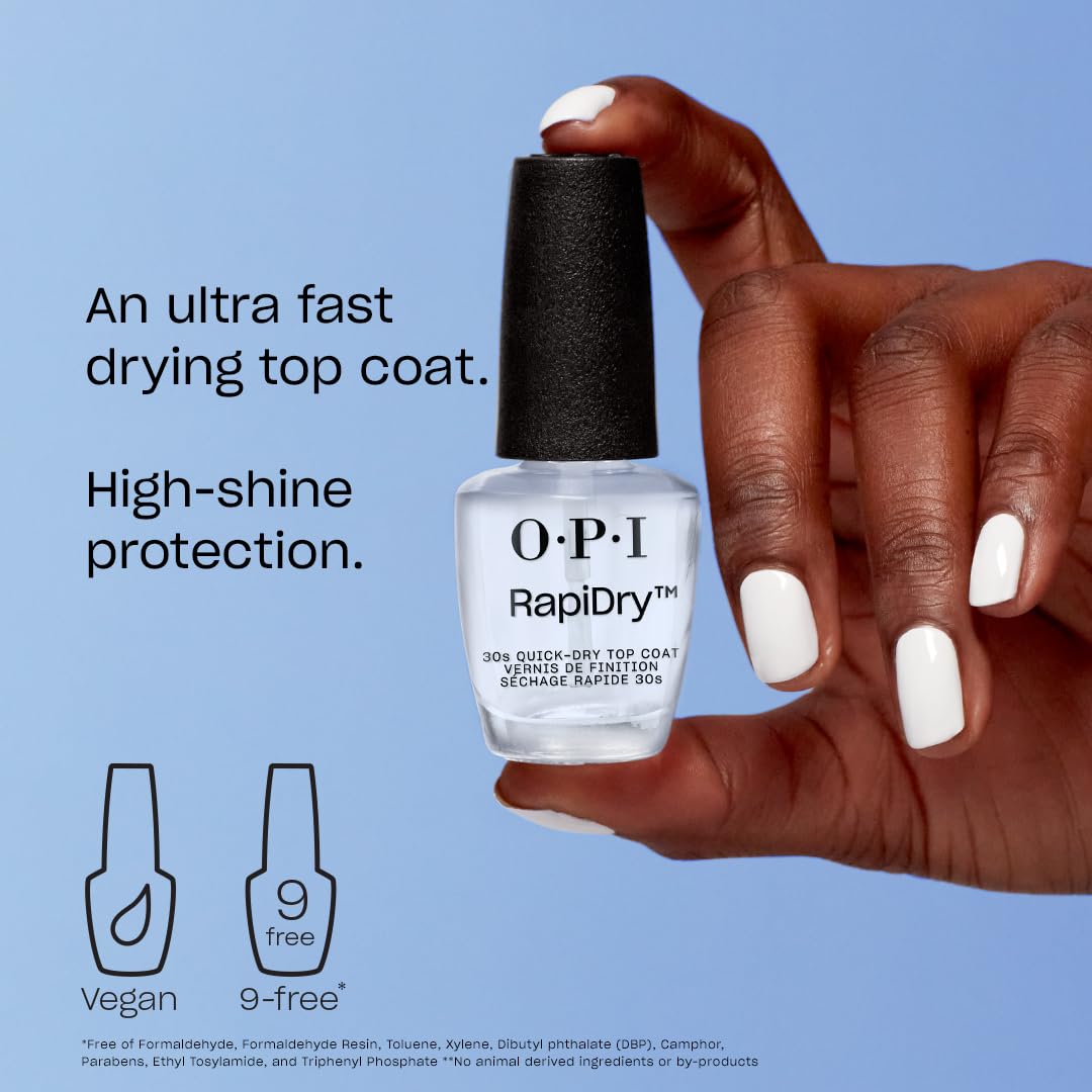 OPI RapiDry high-gloss on manicured nail demonstrating shine benefit