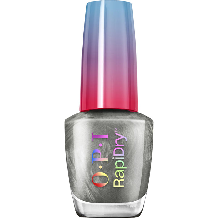 OPI front bottle showing silver metallic polish and fast-dry benefit