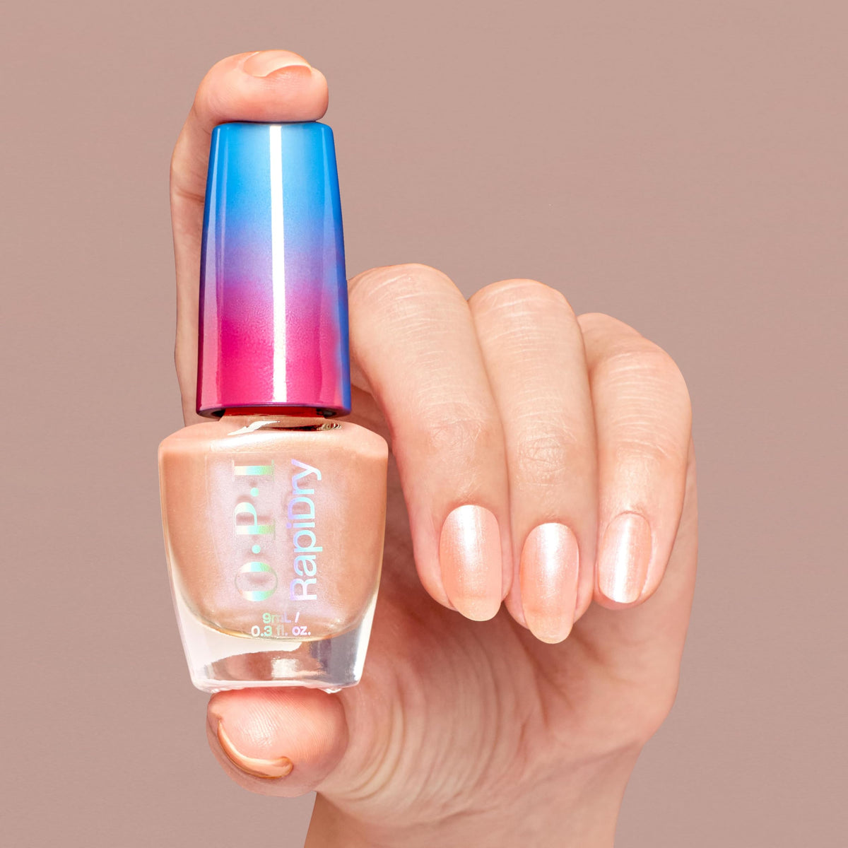 OPI applied on nails demonstrating glossy, smudge-resistant finish quickly
