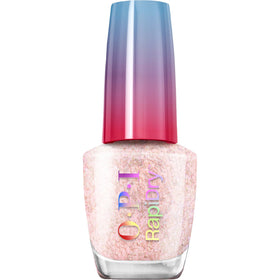 OPI bottle front view showing peach glitter shade and quick-dry benefit