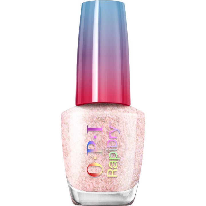 OPI bottle front view showing peach glitter shade and quick-dry benefit