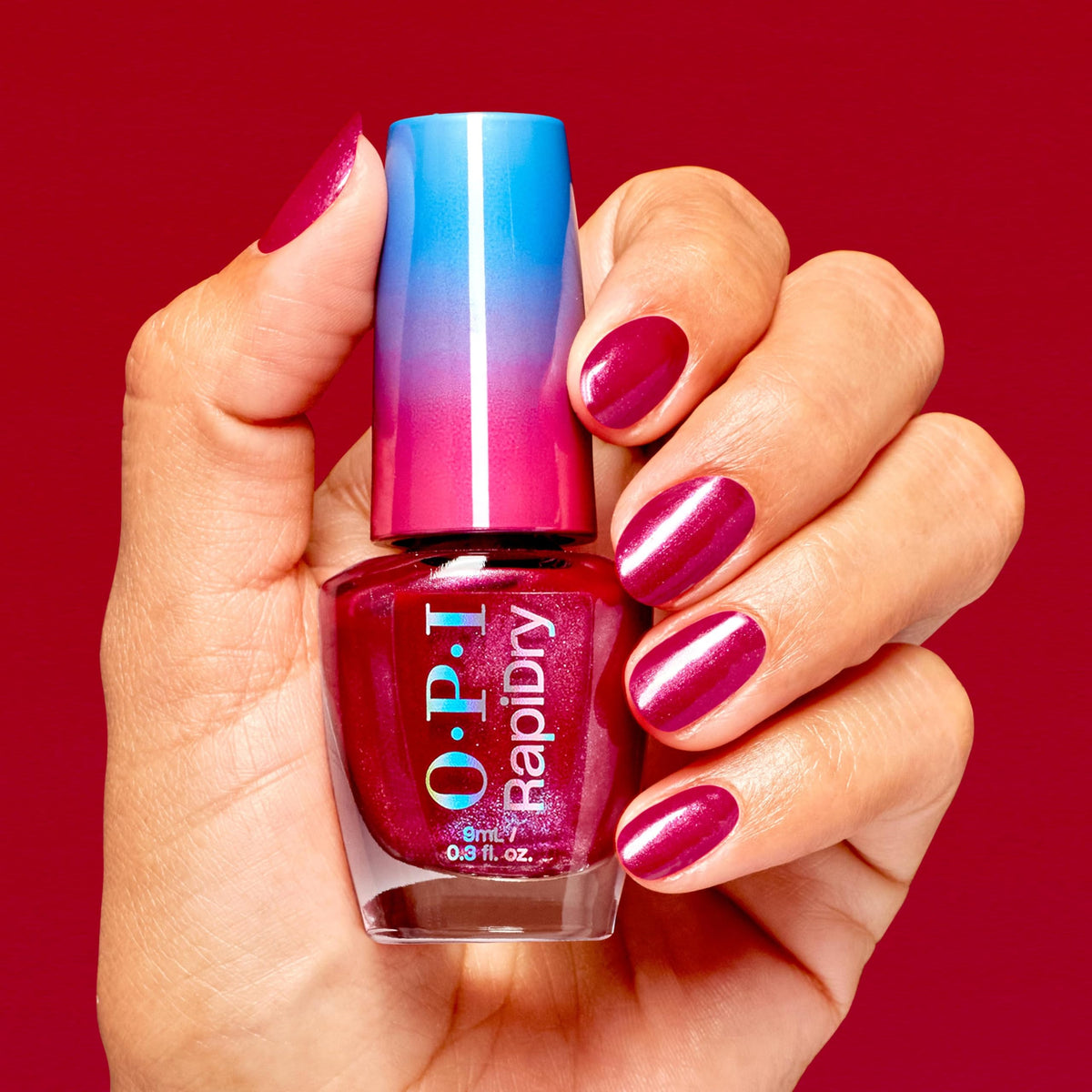 OPI Ring the Alarm application on nails demonstrating quick-dry, smudge-resistant result