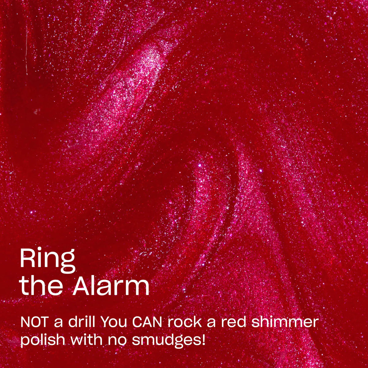 OPI Ring the Alarm swatch on skin showing opaque red shimmer and accurate shade