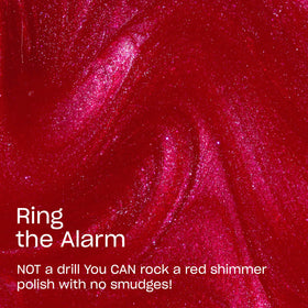 OPI Ring the Alarm swatch on skin showing opaque red shimmer and accurate shade