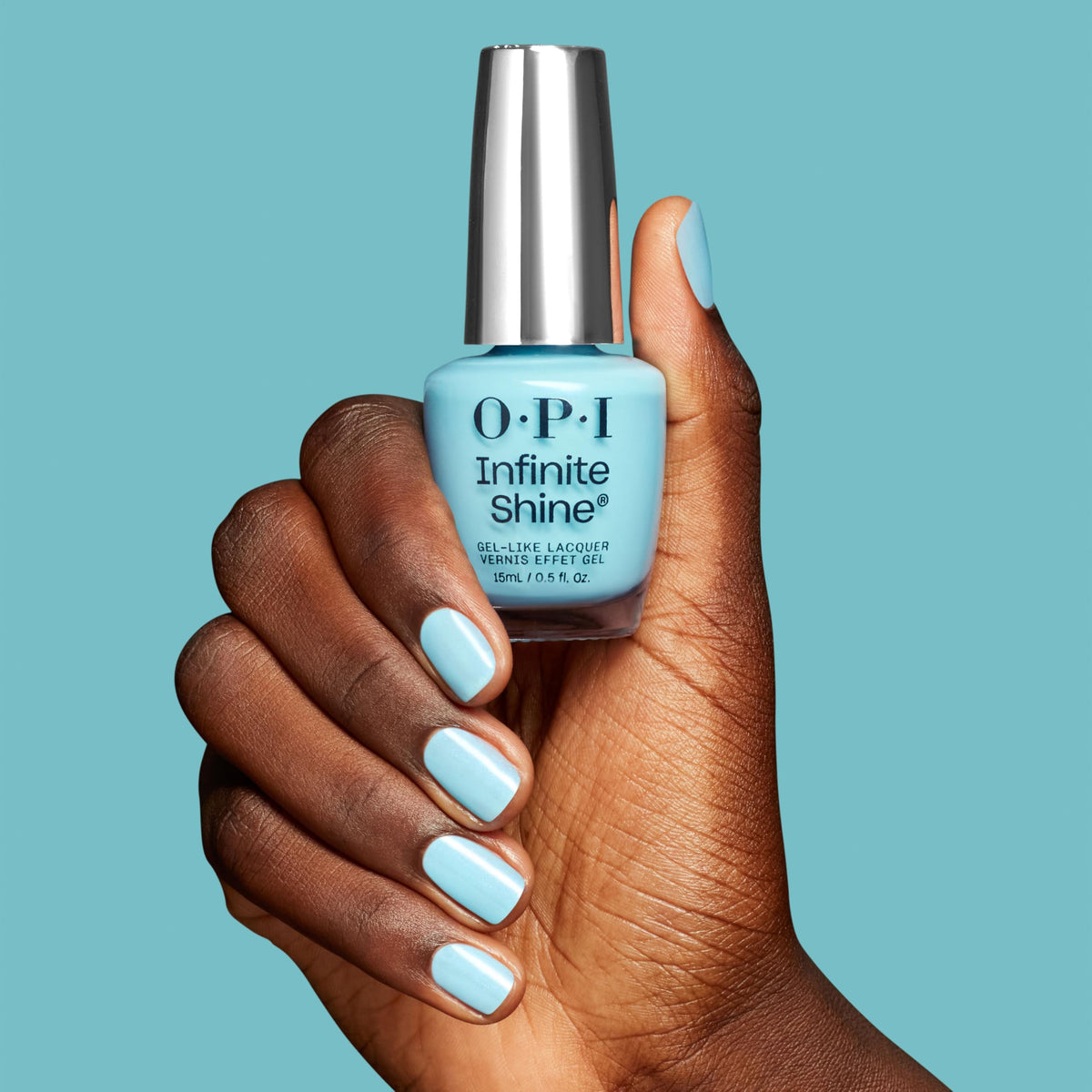OPI bottle label detail showing product name and vegan formula benefit