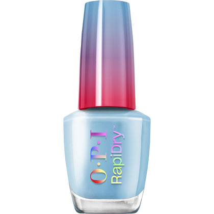 OPI Snap Your Fingers front bottle view showing opaque soft blue finish and glossy benefit
