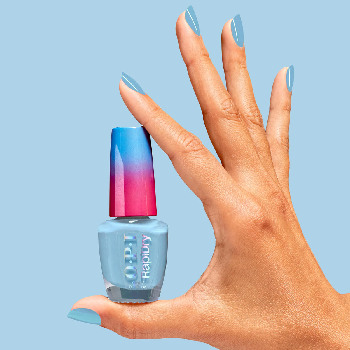 OPI Snap Your Fingers applied on a hand model demonstrating quick-dry, smudge-resistant finish