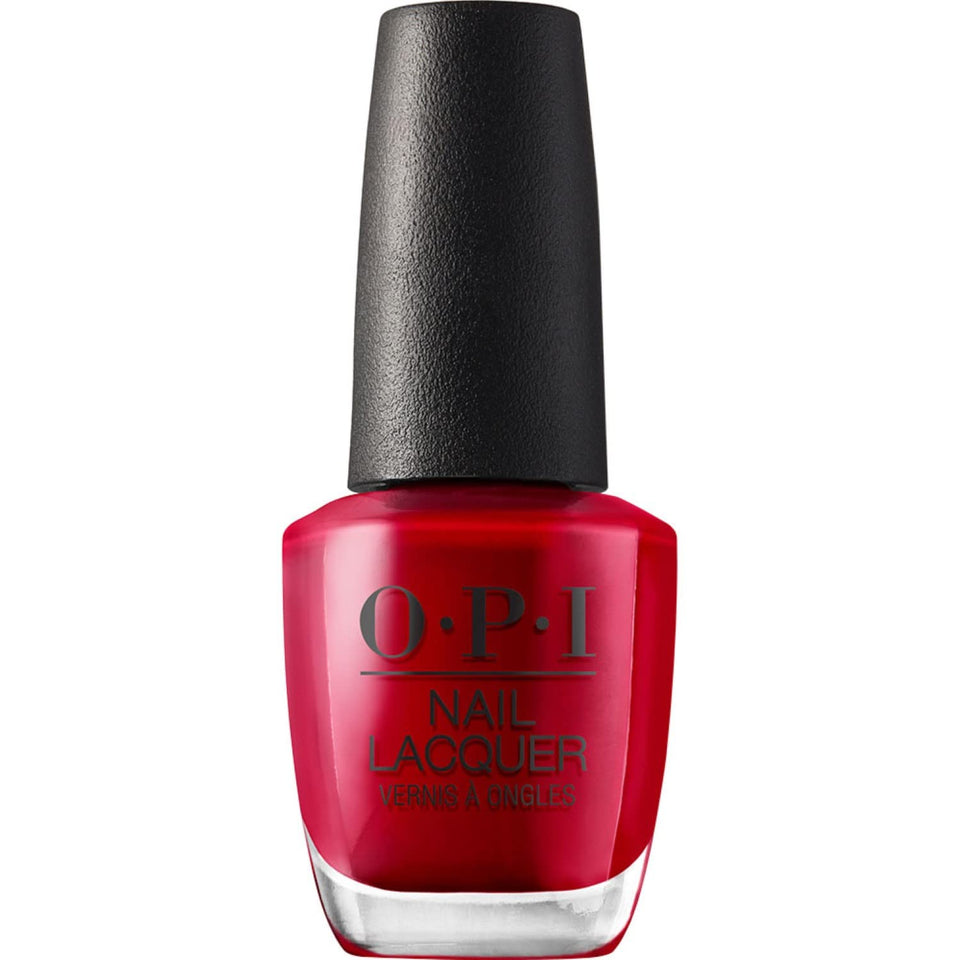 OPI bottle front view showing rich warm red and glossy finish benefit