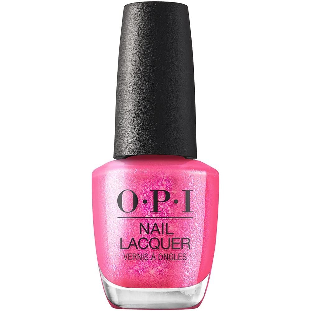OPI bottle front view showing pink shimmer and glossy finish benefit