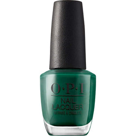 OPI bottle front view showing deep green lacquer and glossy finish benefit