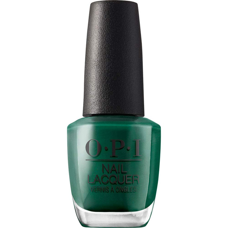 OPI bottle front view showing deep green lacquer and glossy finish benefit