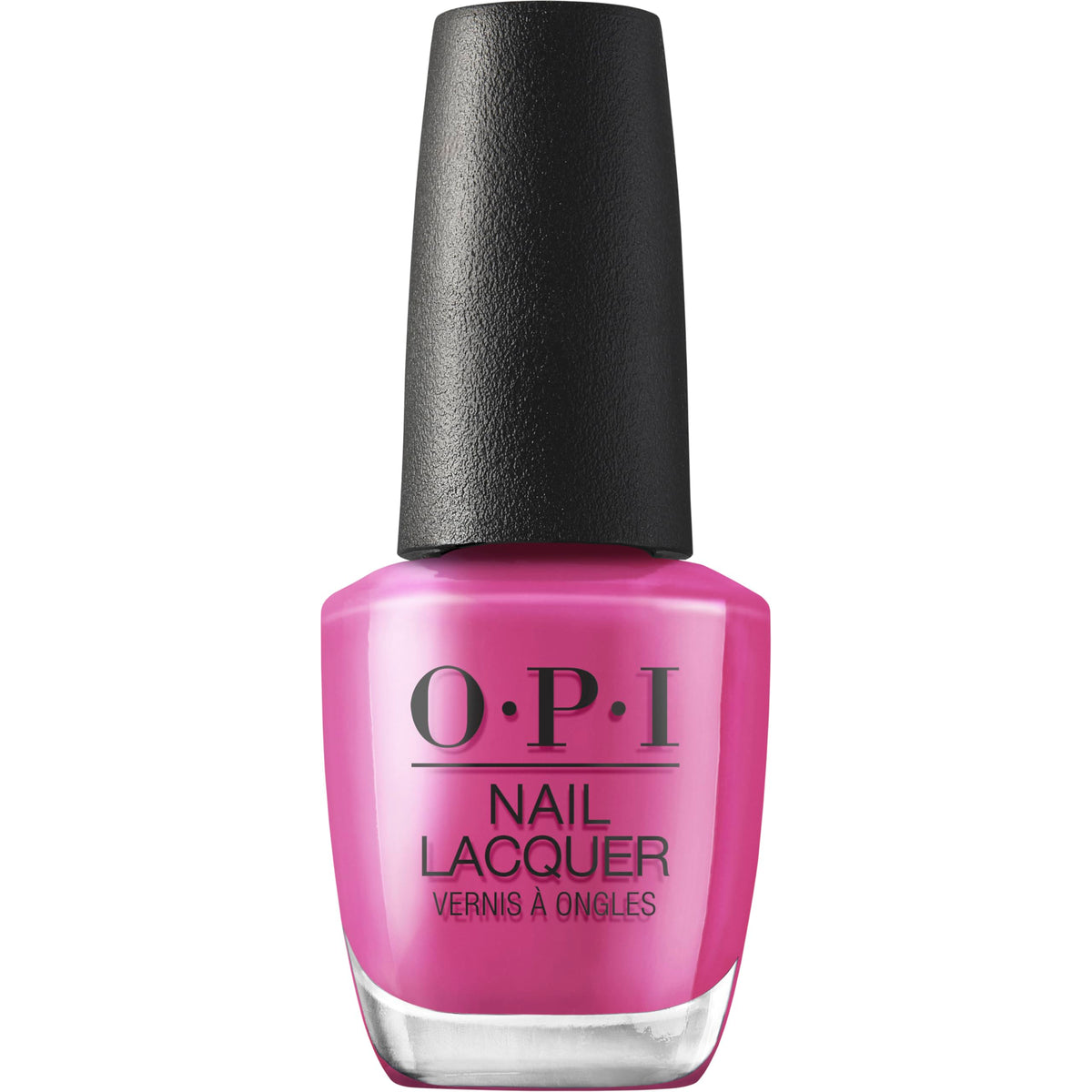 OPI bottle front view showing Strawberry Cosmo bright fuchsia benefit: bold color