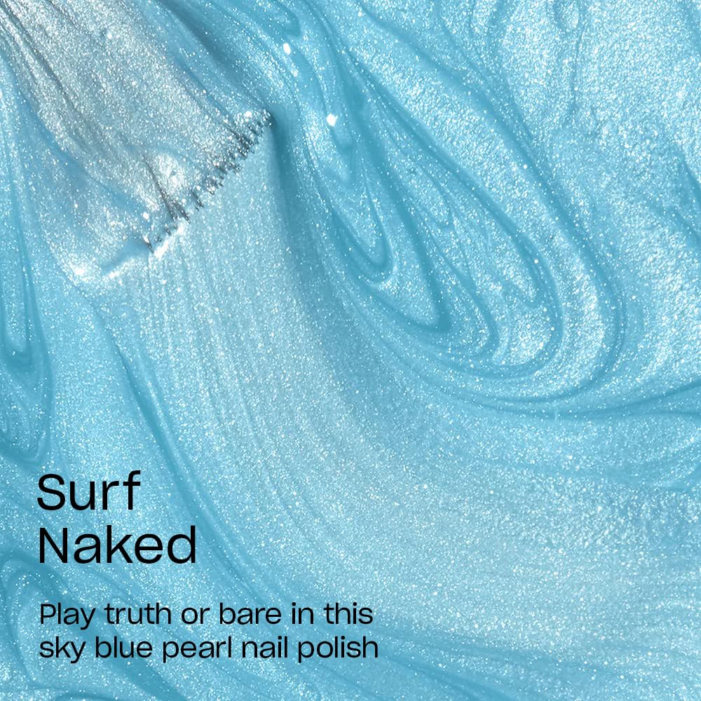 OPI Surf Naked swatch on nails showing sheer pearl blue finish and wear