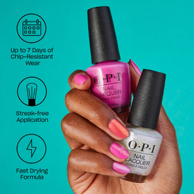 OPI single-stroke swatch on nail illustrating opaque two-coat coverage advantage
