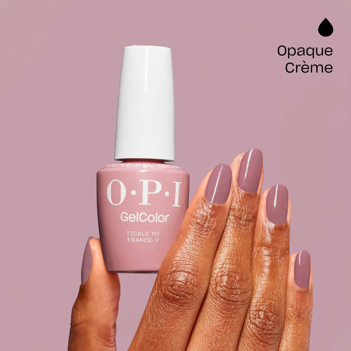 OPI swatch on hand showcasing opaque nude-pink and professional look benefit