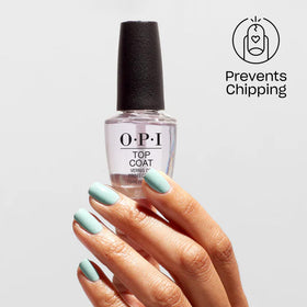 OPI top coat lifestyle application on finished nails highlighting salon-quality shine
