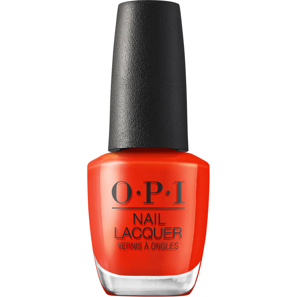 OPI bottle front view showing warm red-orange lacquer and label