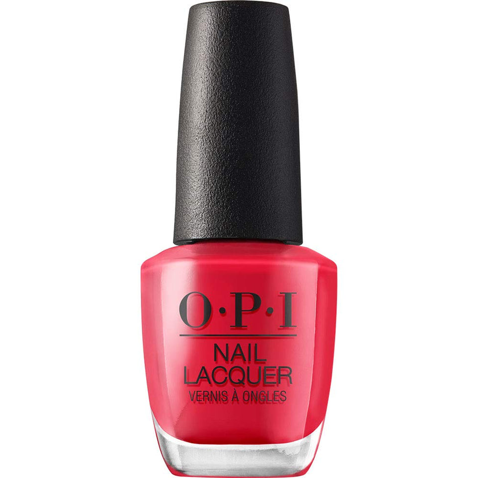 OPI bottle front view showing bright lobster red and glossy finish benefit