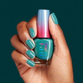 OPI manicured hand with gloves showcasing smudge-proof winter-ready nails