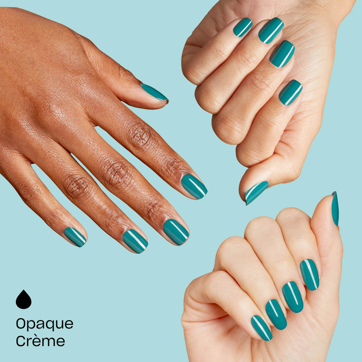OPI nail swatch wheel displaying opaque dark teal finish and shine