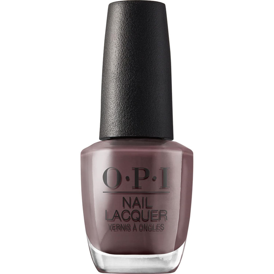 OPI bottle front view showing opaque taupe shade and glossy finish benefit
