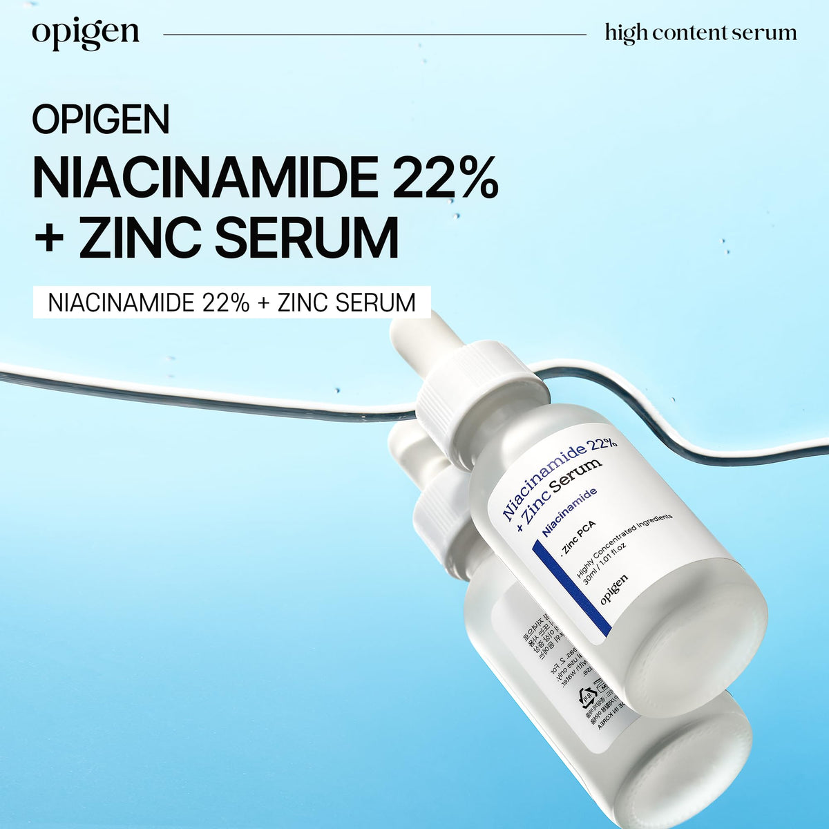 opigen label closeup highlighting niacinamide 22% and zinc information