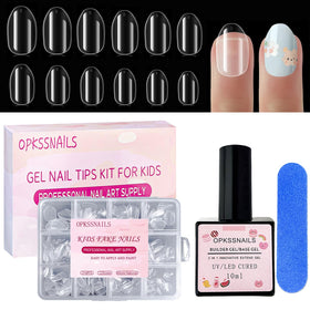 OPkssnails front packaging showing clear extra-short almond tips and included accessories