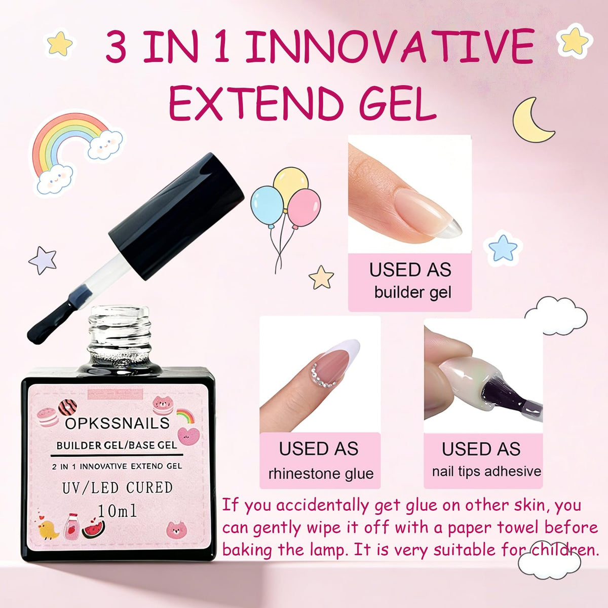OPkssnails glue bottle and nail file displayed with clear tips for easy application